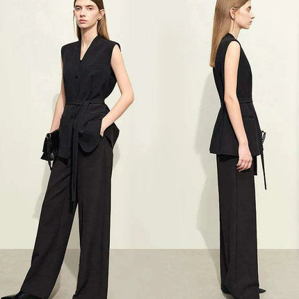 Chic Women's Spring Vest with Belt - Tailored V-Neck Mid-Length Jacket for Street Style - Très Elite