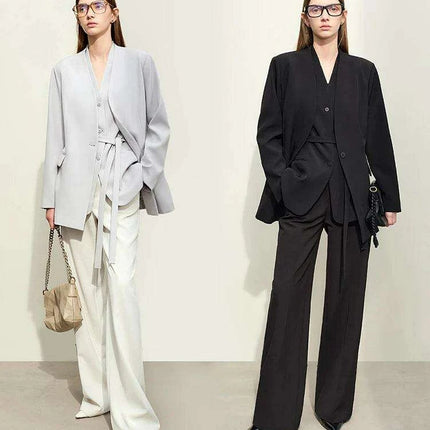 Chic Women's Spring Vest with Belt - Tailored V-Neck Mid-Length Jacket for Street Style - Très Elite