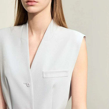 Chic Women's Spring Vest with Belt - Tailored V-Neck Mid-Length Jacket for Street Style - Très Elite