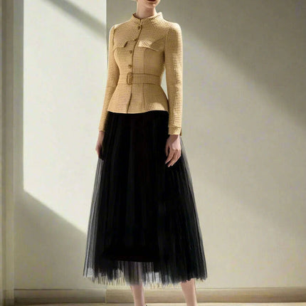 Chic Women's Tweed Suit with Belt: Elegant Stand Collar Jacket & Flared Skirt for Fall 2024 - Très Elite