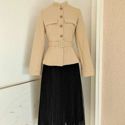 Chic Women's Tweed Suit with Belt: Elegant Stand Collar Jacket & Flared Skirt for Fall 2024
