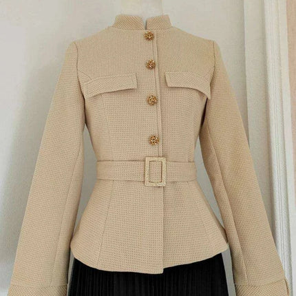 Chic Women's Tweed Suit with Belt: Elegant Stand Collar Jacket & Flared Skirt for Fall 2024 - Très Elite
