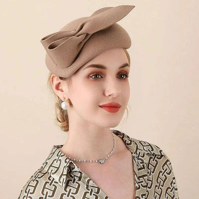 Chic Women's Vintage Wool Felt Beret Hat with Bow - Elegant Fedora for Weddings and Formal Events