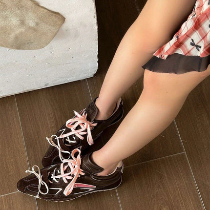 Chic Y2K Bow Tie Platform Sneakers - Stylish Casual Flats for Women in Bold Pink, Brown, and Silver with Complimentary Shipping - Très Elite