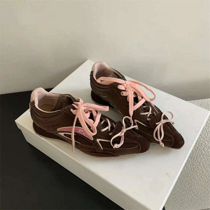 Chic Y2K Bow Tie Platform Sneakers - Stylish Casual Flats for Women in Bold Pink, Brown, and Silver with Complimentary Shipping - Très Elite