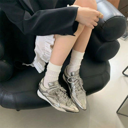 Chic Y2K Bow Tie Platform Sneakers - Stylish Casual Flats for Women in Bold Pink, Brown, and Silver with Complimentary Shipping - Très Elite