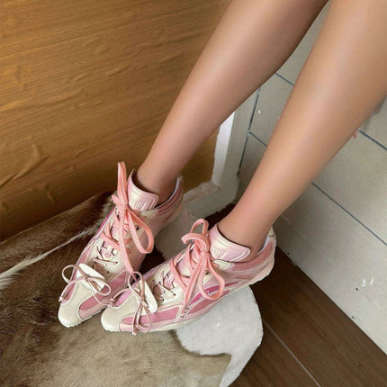 Chic Y2K Bow Tie Platform Sneakers - Stylish Casual Flats for Women in Bold Pink, Brown, and Silver with Complimentary Shipping - Très Elite