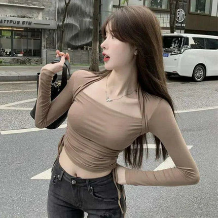 Chic Y2K V-neck Long Sleeve Crop Top for Women - Basic Skinny Tee in Trendy Korean Style - Très Elite