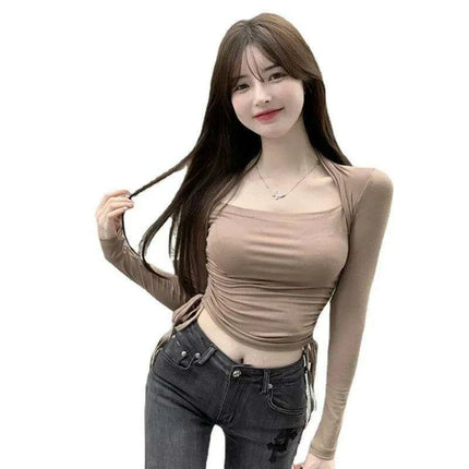 Chic Y2K V-neck Long Sleeve Crop Top for Women - Basic Skinny Tee in Trendy Korean Style - Très Elite