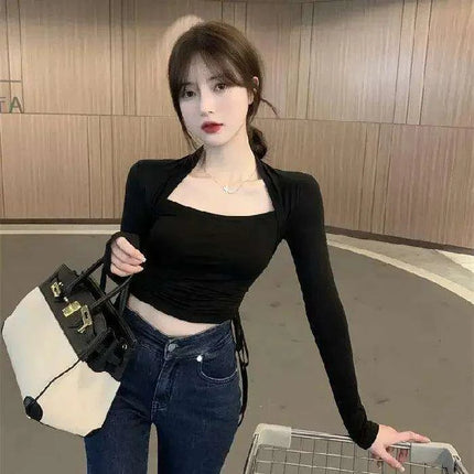 Chic Y2K V-neck Long Sleeve Crop Top for Women - Basic Skinny Tee in Trendy Korean Style
