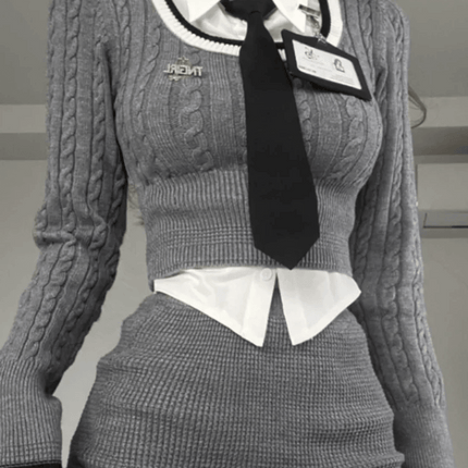 Chic Y2K Women's Knit 3-Piece Set: Cropped Sweater, Layering Top, and Bodycon Mini Skirt for Fall 2023