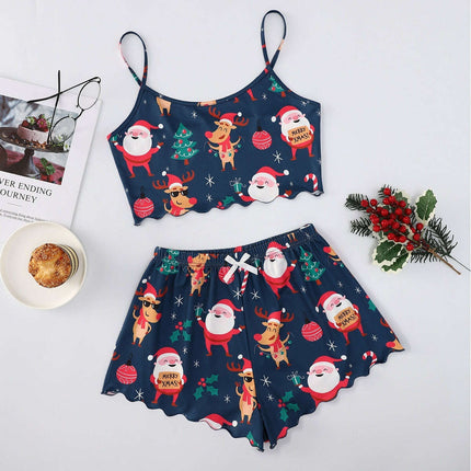 Christmas European And American Thin Pajamas Women's Sleeveless Shorts Milk Silk Simple Casual Two-piece Suit Homewear - Très Elite