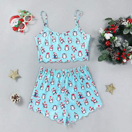 Christmas European And American Thin Pajamas Women's Sleeveless Shorts Milk Silk Simple Casual Two-piece Suit Homewear - Très Elite