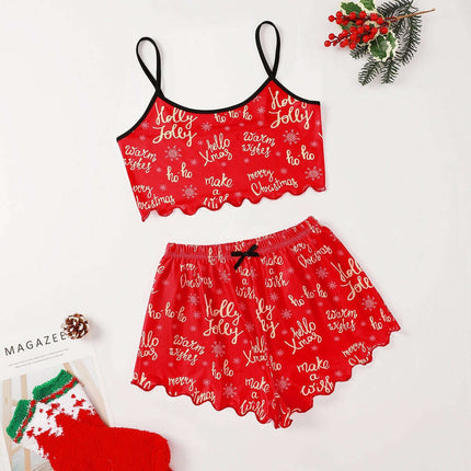 Christmas European And American Thin Pajamas Women's Sleeveless Shorts Milk Silk Simple Casual Two-piece Suit Homewear - Très Elite