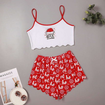 Christmas European And American Thin Pajamas Women's Sleeveless Shorts Milk Silk Simple Casual Two-piece Suit Homewear - Très Elite