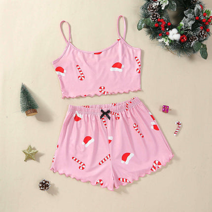Christmas European And American Thin Pajamas Women's Sleeveless Shorts Milk Silk Simple Casual Two-piece Suit Homewear - Très Elite