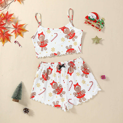 Christmas European And American Thin Pajamas Women's Sleeveless Shorts Milk Silk Simple Casual Two-piece Suit Homewear - Très Elite