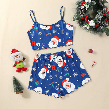 Christmas European And American Thin Pajamas Women's Sleeveless Shorts Milk Silk Simple Casual Two-piece Suit Homewear - Très Elite