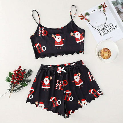 Christmas European And American Thin Pajamas Women's Sleeveless Shorts Milk Silk Simple Casual Two-piece Suit Homewear - Très Elite