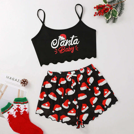 Christmas European And American Thin Pajamas Women's Sleeveless Shorts Milk Silk Simple Casual Two-piece Suit Homewear - Très Elite