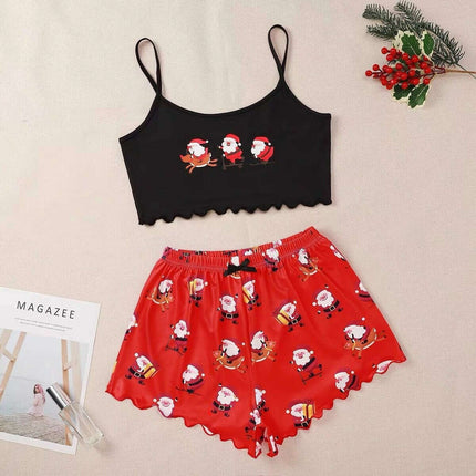 Christmas European And American Thin Pajamas Women's Sleeveless Shorts Milk Silk Simple Casual Two-piece Suit Homewear - Très Elite