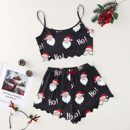 Christmas European And American Thin Pajamas Women's Sleeveless Shorts Milk Silk Simple Casual Two-piece Suit Homewear - Très Elite
