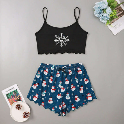 Christmas European And American Thin Pajamas Women's Sleeveless Shorts Milk Silk Simple Casual Two-piece Suit Homewear - Très Elite
