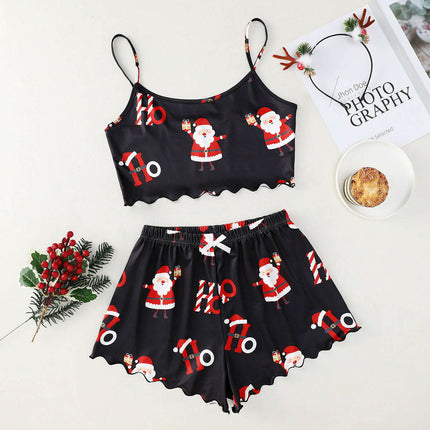 Christmas European And American Thin Pajamas Women's Sleeveless Shorts Milk Silk Simple Casual Two-piece Suit Homewear - Très Elite