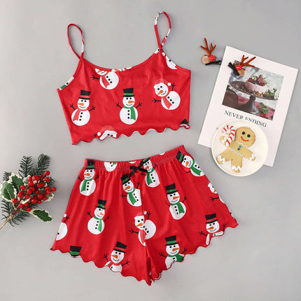 Christmas European And American Thin Pajamas Women's Sleeveless Shorts Milk Silk Simple Casual Two-piece Suit Homewear - Très Elite