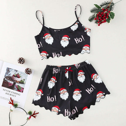 Christmas European And American Thin Pajamas Women's Sleeveless Shorts Milk Silk Simple Casual Two-piece Suit Homewear - Très Elite
