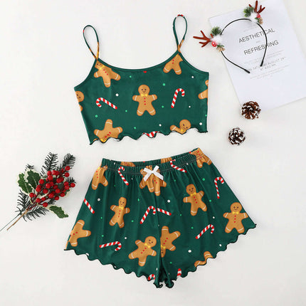 Christmas European And American Thin Pajamas Women's Sleeveless Shorts Milk Silk Simple Casual Two-piece Suit Homewear - Très Elite
