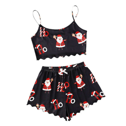 Christmas European And American Thin Pajamas Women's Sleeveless Shorts Milk Silk Simple Casual Two-piece Suit Homewear - Très Elite