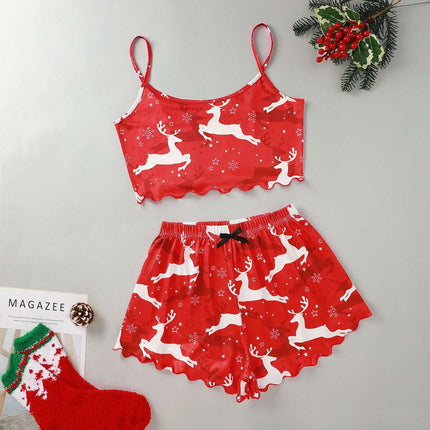Christmas European And American Thin Pajamas Women's Sleeveless Shorts Milk Silk Simple Casual Two-piece Suit Homewear - Très Elite