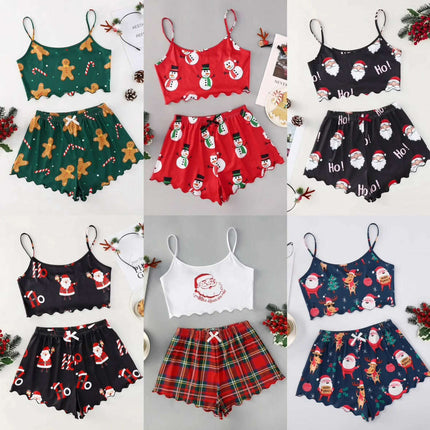 Christmas European And American Thin Pajamas Women's Sleeveless Shorts Milk Silk Simple Casual Two-piece Suit Homewear - Très Elite