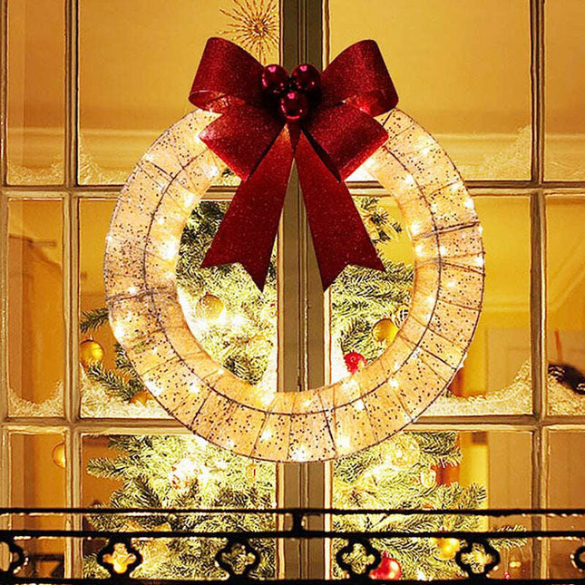 Christmas Garland 50CM Luminous LED Warm Light Metal Luminous Wreath With Big Bowknot Christmas Front Door Home Holiday Party Door Hanging Decor- Très Elite- Très Elite