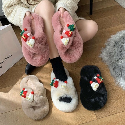 Christmas Hat Fluffy Slippers Women's Warm Toe Covering Cotton Slippers - Très Elite