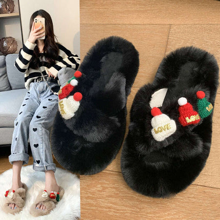 Christmas Hat Fluffy Slippers Women's Warm Toe Covering Cotton Slippers - Très Elite