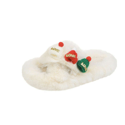 Christmas Hat Fluffy Slippers Women's Warm Toe Covering Cotton Slippers..