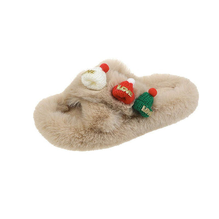 Christmas Hat Fluffy Slippers Women's Warm Toe Covering Cotton Slippers..