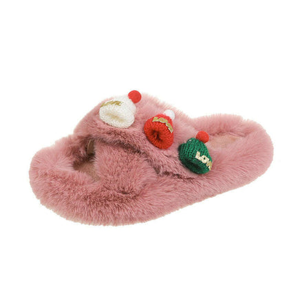 Christmas Hat Fluffy Slippers Women's Warm Toe Covering Cotton Slippers - Très Elite