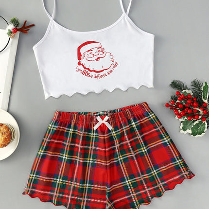 Christmas Santa Claus Elk Print Sleeveless Shorts Simple Casual Two-piece Home Clothes - Très Elite