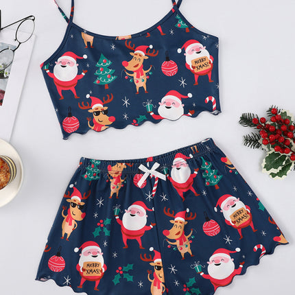 Christmas Santa Claus Elk Print Sleeveless Shorts Simple Casual Two-piece Home Clothes - Très Elite