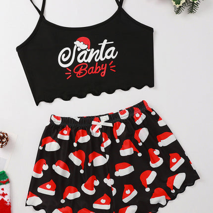 Christmas letter elk Christmas hat print sleeveless shorts simple casual two-piece home clothes - Très Elite