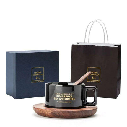 Classic American Elegance: Ceramic Coffee Mug Set with Walnut Holder and Gift Box - Très Elite