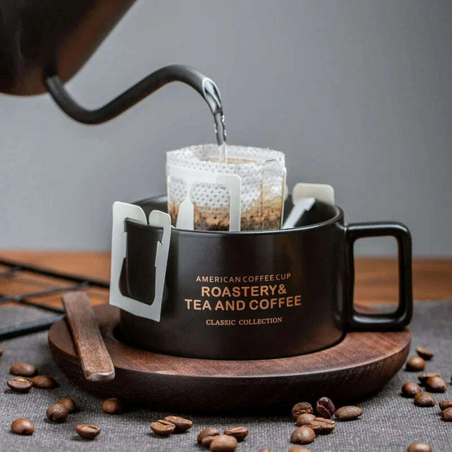 Classic American Elegance: Ceramic Coffee Mug Set with Walnut Holder and Gift Box