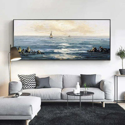 Coastal Calm: Hand-Painted Abstract Ocean Beach Oil Canvas Art - Très Elite