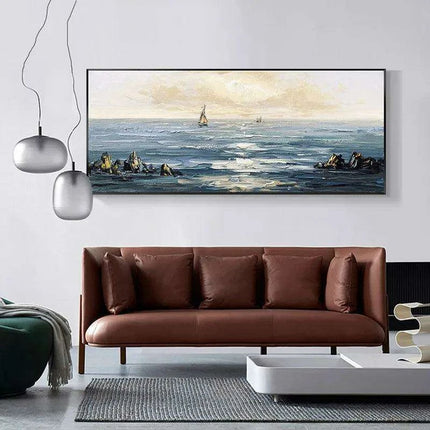Coastal Calm: Hand-Painted Abstract Ocean Beach Oil Canvas Art - Très Elite
