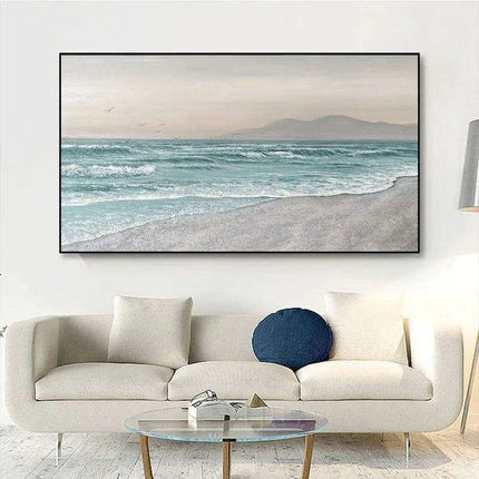 Coastal Calm: Hand-Painted Abstract Ocean Beach Oil Canvas Art - Très Elite