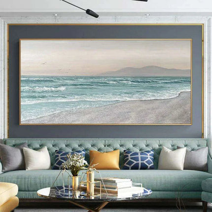 Coastal Calm: Hand-Painted Abstract Ocean Beach Oil Canvas Art - Très Elite
