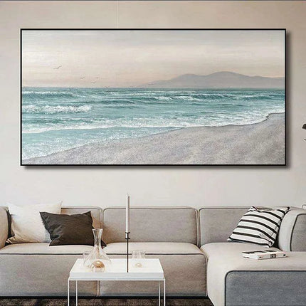 Coastal Calm: Hand-Painted Abstract Ocean Beach Oil Canvas Art - Très Elite